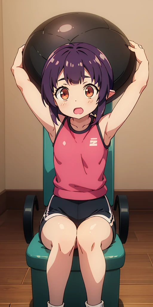 1girl, sitting on the Exercise ball , arms raised in the air , front view, cute