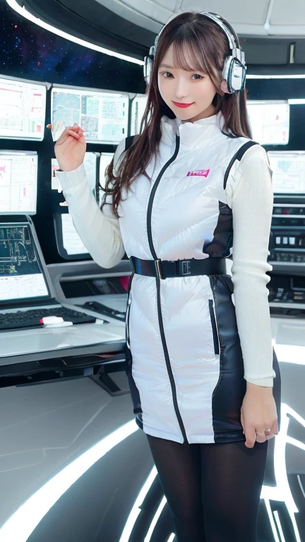 masterpiece:1.4, masterpiece,best quality,1girl,BREAK (portrait shot):100,(lower body):100,BREAK one girl in ((20yr old)), instagrammer pose,idol girl, dynamic pose,(astrovest):2,floating:20,jumping:20,(white shiny downves):5,(white puffer vest):5,(black tights),(black long sleeves):2,black belt ,smartwatch,huge breast,wears a tight futuristic latex silver and black and white bodysuit,(white boots),astrovest, de pele branca,beautiful face ,smile,japanese girl,dark brown
hair,huge-breasted, long hair, Perfect model body, Blue eyes:1.4, Wearing headphones, Flirting, Happy, Looking out the window of the futuristic sci-fi space station,While admiring the beautiful galaxy:1.2, BREAK SF control room on night background:1.1, Neon and energetic atmosphere:1.2 ((Galaxy)) ,((Solo:1.6)),futuristic space station background,inside space craft,Futuristic room,neotech,JeeSoo