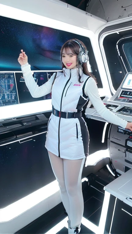 masterpiece:1.4, masterpiece,best quality,1girl,BREAK (portrait shot):100,(lower body):100,BREAK one girl in ((20yr old)), instagrammer pose,idol girl, dynamic pose,(astrovest):2,floating:20,jumping:20,(white shiny downves):5,(white puffer vest):5,(black tights),(black long sleeves):2,black belt ,smartwatch,huge breast,wears a tight futuristic latex silver and black and white bodysuit,(white boots),astrovest, de pele branca,beautiful face ,smile,japanese girl,dark brown
hair,huge-breasted, long hair, Perfect model body, Blue eyes:1.4, Wearing headphones, Flirting, Happy, Looking out the window of the futuristic sci-fi space station,While admiring the beautiful galaxy:1.2, BREAK SF control room on night background:1.1, Neon and energetic atmosphere:1.2 ((Galaxy)) ,((Solo:1.6)),futuristic space station background,inside space craft,Futuristic room,neotech,JeeSoo