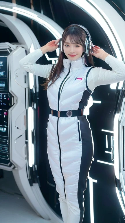 masterpiece:1.4, masterpiece,best quality,1girl,BREAK (portrait shot):100,(lower body):100,BREAK one girl in ((20yr old)), instagrammer pose,idol girl, dynamic pose,(astrovest):2,floating:20,jumping:20,(white shiny downves):5,(white puffer vest):5,(black tights),(black long sleeves):2,black belt ,smartwatch,huge breast,wears a tight futuristic latex silver and black and white bodysuit,(white boots),astrovest, de pele branca,beautiful face ,smile,japanese girl,dark brown
hair,huge-breasted, long hair, Perfect model body, Blue eyes:1.4, Wearing headphones, Flirting, Happy, Looking out the window of the futuristic sci-fi space station,While admiring the beautiful galaxy:1.2, BREAK SF control room on night background:1.1, Neon and energetic atmosphere:1.2 ((Galaxy)) ,((Solo:1.6)),futuristic space station background,inside space craft,Futuristic room,neotech,JeeSoo