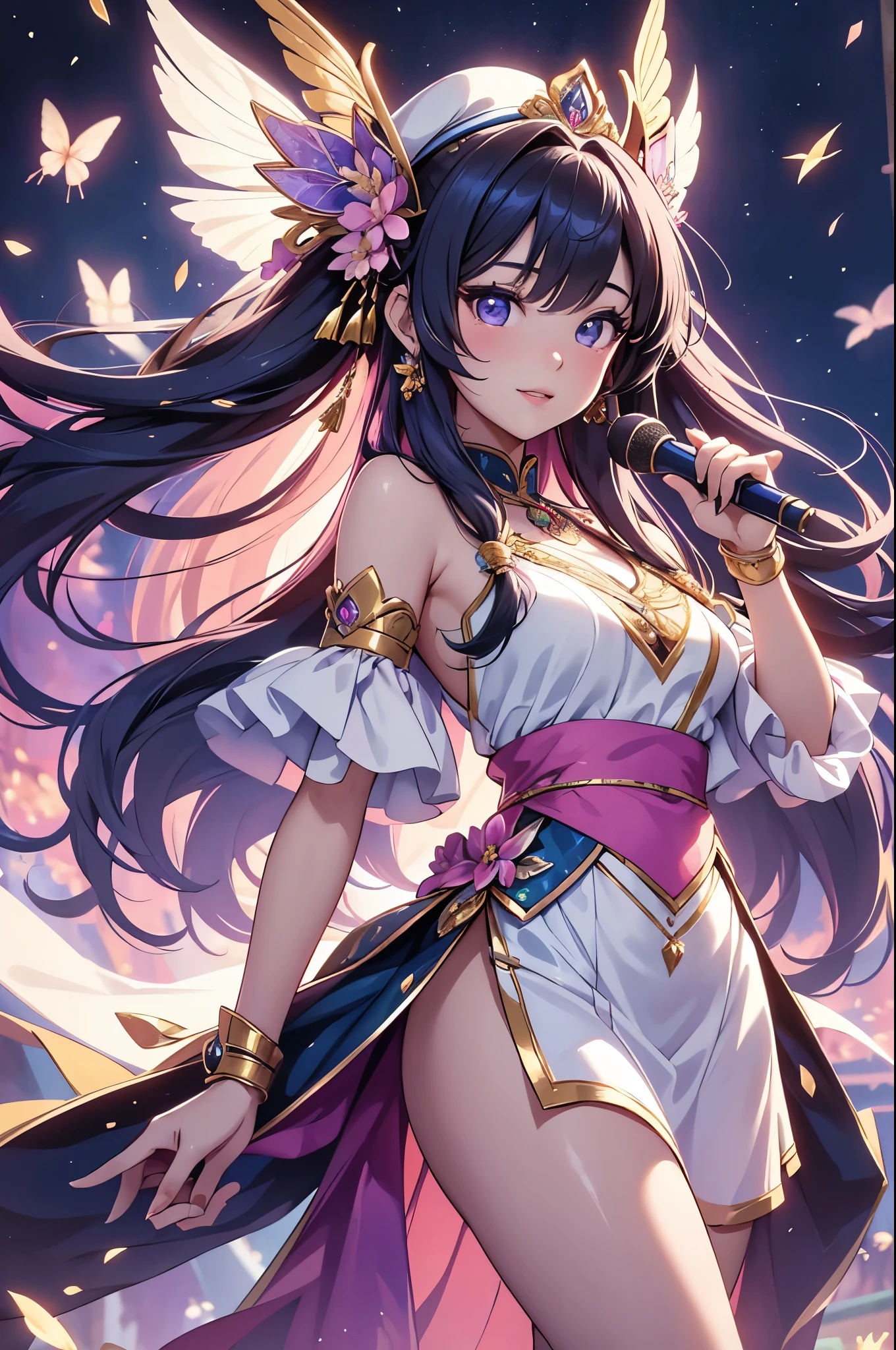 (best quality,4k,8k,highres,masterpiece:1.2),ultra-detailed,(realistic,photorealistic,photo-realistic:1.37),acrylic painting,beautiful Thai model in a ta dress with downy hair,beautiful Thai model with extremely colorful hair and detailed facial features,beautiful Thai model standing in a beautiful garden surrounded by a starry sky,beautiful Thai model wearing a vibrant Loliress,beautiful Thai model with intricate accessories and a matching hat,beautiful Thai model posing gracefully with her hands on her hips,beautiful Thai model with long flowing twintails,beautiful Thai model with bright blue eyes and rosy lips,beautiful Thai model with a joyful expression,beautiful Thai model in a dynamic pose with cherry blossoms falling around her,beautiful Thai model surrounded by colorful flowers and butterflies,beautiful Thai model's dress adorned with cute bows and lace details,beautiful Thai model with an enchanting smile,beautiful Thai model with soft, pastel-colored shading,beautiful Thai model with a magical glow illuminating her,beautiful Thai model in a picturesque setting with a winding path leading to a magnificent castle,beautiful Thai model holding a microphone and singing passionately,beautiful Thai model with a fairytale-like background,beautiful Thai model with a soft, dreamy atmosphere,beautiful Thai model with a subtle bokeh effect,beautiful Thai model standing under a moonlit sky,beautiful Thai model with a warm, golden sunset in the background,beautiful Thai model surrounded by twinkling stars and colorful nebulae,creating an ethereal and captivating artistic masterpiece.