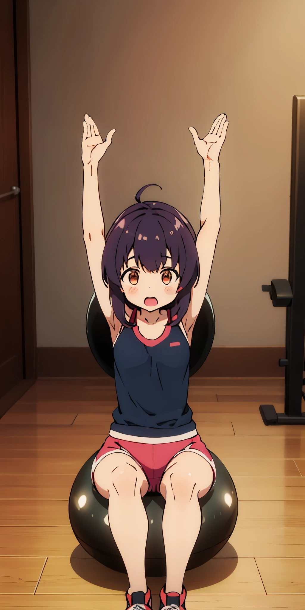 1girl, sitting on the Exercise ball, arms raised in the air, front view, cute