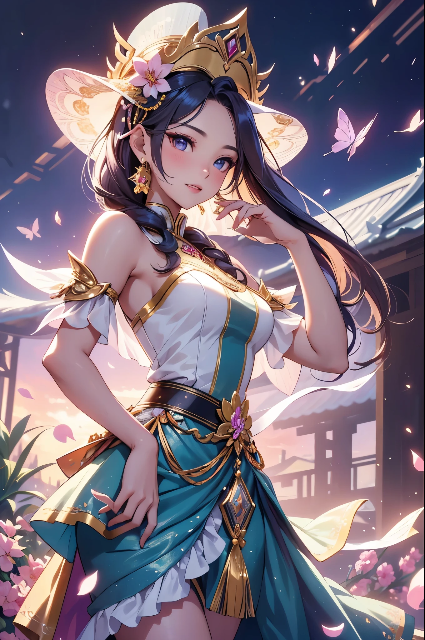 (best quality,4k,8k,highres,masterpiece:1.2),ultra-detailed,(realistic,photorealistic,photo-realistic:1.37),acrylic painting,beautiful Thai model in a Lolita dress with downy hair,beautiful Thai model with extremely colorful hair and detailed facial features,beautiful Thai model standing in a beautiful garden surrounded by a starry sky,beautiful Thai model wearing a vibrant Lolita dress,beautiful Thai model with intricate accessories and a matching hat,beautiful Thai model posing gracefully with her hands on her hips,beautiful Thai model with long flowing twintails,beautiful Thai model with bright blue eyes and rosy lips,beautiful Thai model with a joyful expression,beautiful Thai model in a dynamic pose with cherry blossoms falling around her,beautiful Thai model surrounded by colorful flowers and butterflies,beautiful Thai model's dress adorned with cute bows and lace details,beautiful Thai model with an enchanting smile,beautiful Thai model with soft, pastel-colored shading,beautiful Thai model with a magical glow illuminating her,beautiful Thai model in a picturesque setting with a winding path leading to a magnificent castle,beautiful Thai model holding a microphone and singing passionately,beautiful Thai model with a fairytale-like background,beautiful Thai model with a soft, dreamy atmosphere,beautiful Thai model with a subtle bokeh effect,beautiful Thai model standing under a moonlit sky,beautiful Thai model with a warm, golden sunset in the background,beautiful Thai model surrounded by twinkling stars and colorful nebulae,creating an ethereal and captivating artistic masterpiece.