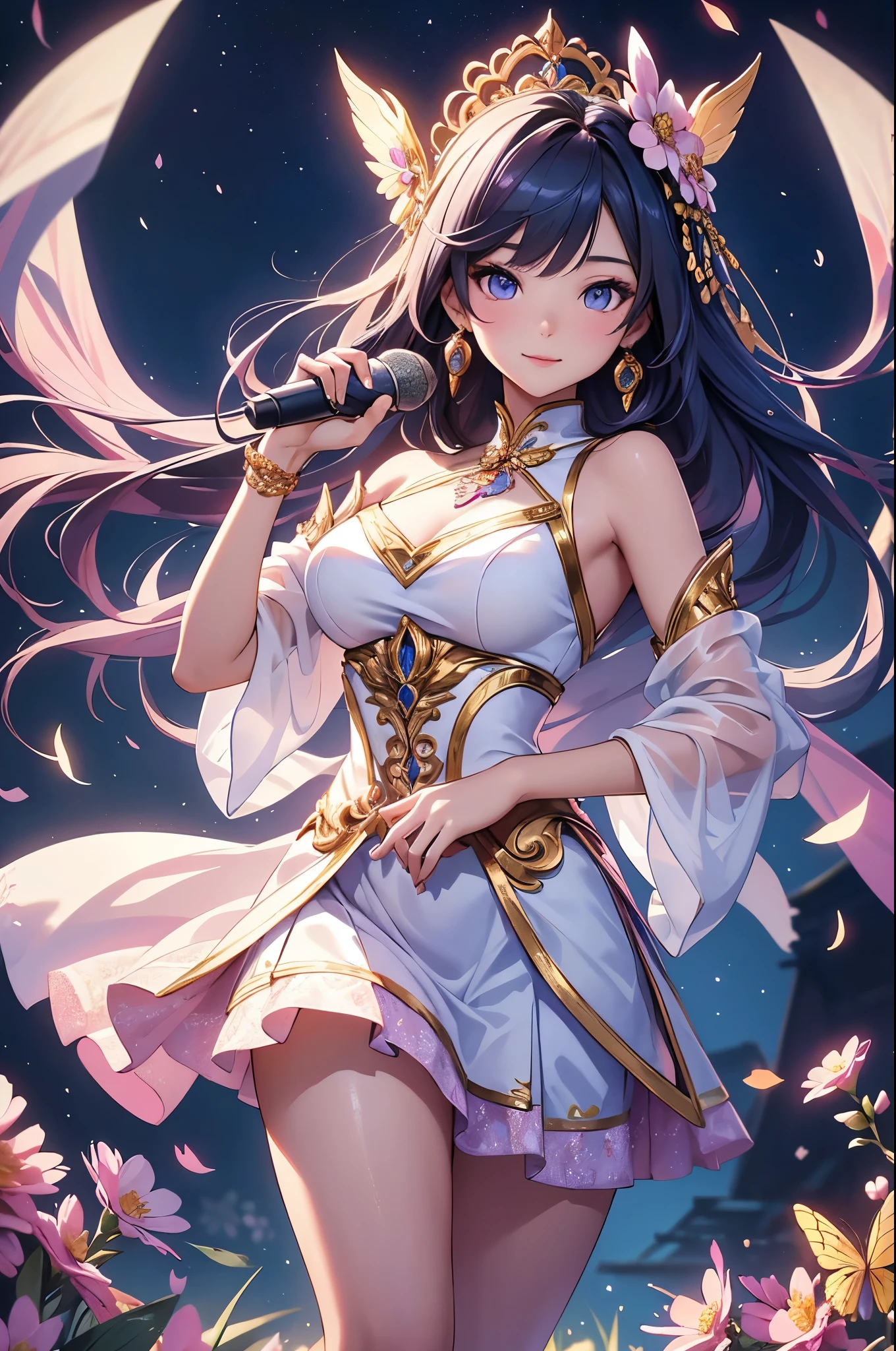 (best quality,4k,8k,highres,masterpiece:1.2),ultra-detailed,(realistic,photorealistic,photo-realistic:1.37),acrylic painting,beautiful Thai model in a Lolita dress with downy hair,beautiful Thai model with extremely colorful hair and detailed facial features,beautiful Thai model standing in a beautiful garden surrounded by a starry sky,beautiful Thai model wearing a vibrant Lolita dress,beautiful Thai model with intricate accessories and a matching hat,beautiful Thai model posing gracefully with her hands on her hips,beautiful Thai model with long flowing twintails,beautiful Thai model with bright blue eyes and rosy lips,beautiful Thai model with a joyful expression,beautiful Thai model in a dynamic pose with cherry blossoms falling around her,beautiful Thai model surrounded by colorful flowers and butterflies,beautiful Thai model's dress adorned with cute bows and lace details,beautiful Thai model with an enchanting smile,beautiful Thai model with soft, pastel-colored shading,beautiful Thai model with a magical glow illuminating her,beautiful Thai model in a picturesque setting with a winding path leading to a magnificent castle,beautiful Thai model holding a microphone and singing passionately,beautiful Thai model with a fairytale-like background,beautiful Thai model with a soft, dreamy atmosphere,beautiful Thai model with a subtle bokeh effect,beautiful Thai model standing under a moonlit sky,beautiful Thai model with a warm, golden sunset in the background,beautiful Thai model surrounded by twinkling stars and colorful nebulae,creating an ethereal and captivating artistic masterpiece.