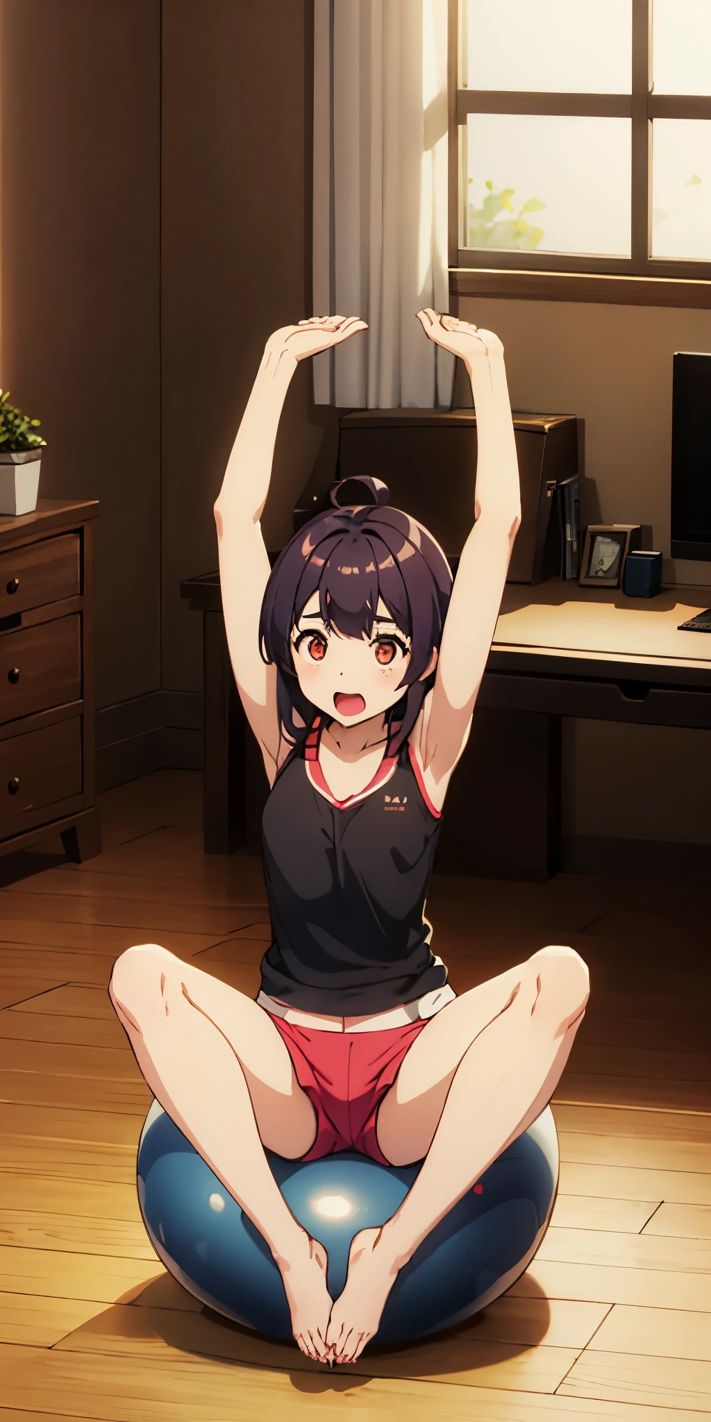1girl, sitting on the Exercise ball, arms raised in the air, front view, cute