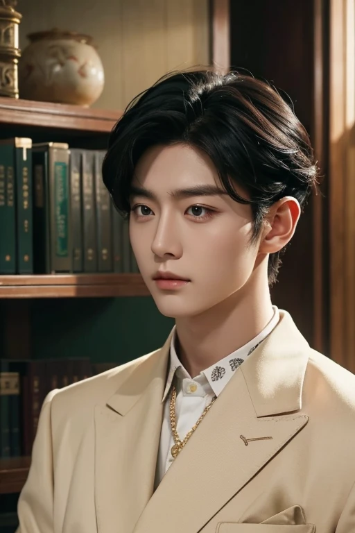 A black haired Lee Heeseung of Enhypen exuding old money vibes #### Example prompt: `(best quality,4k,8k,highres,masterpiece:1.2),ultra-detailed,(realistic,photorealistic,photo-realistic:1.37),portrait,close-up` #### Details: - The main subject of the image is Lee Heeseung of Enhypen, with black colored hair. - He exudes old money vibes, which can be conveyed through his facial expression, clothing, and overall demeanor. - The image should be of the highest quality, with ultra-detailed features and a realistic and photorealistic appearance. - The focus should be on creating a portrait of Lee Heeseung of Enhypen, possibly with a close-up shot to capture his features. - The color palette should emphasize the black color of his hair, with other complementary colors to enhance the overall aesthetic. - Lighting should be used strategically to enhance the mood and capture the desired old money vibes. Note: Remember to adhere to the prompt format and avoid adding any unnecessary explanations or sentences. 24 years old. eyes color black. warm and soft look. combed hair, no bangs in front, old money style