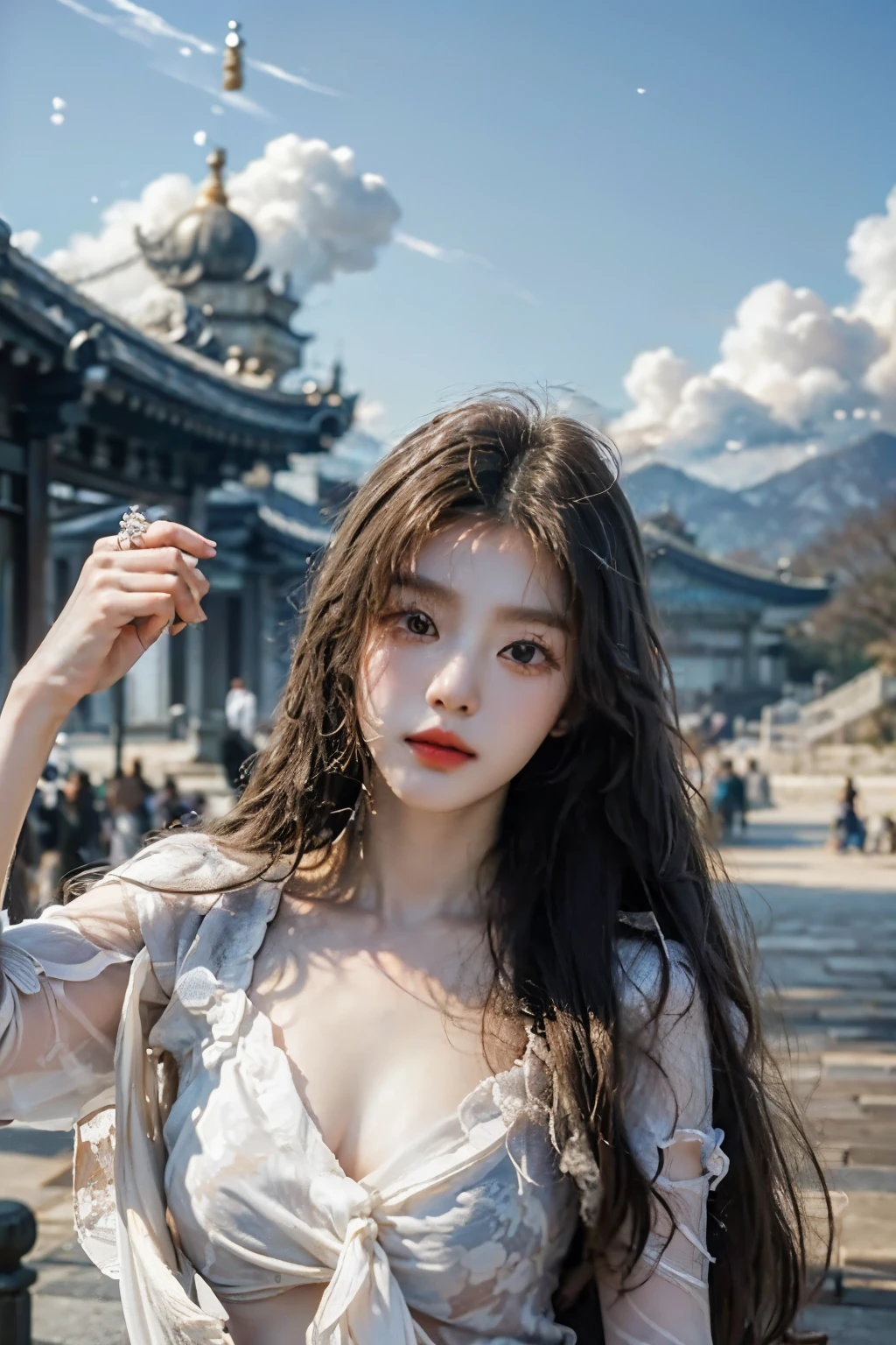 ((best quality)), ((masterpiece)), (detailed), perfect face, Masterpiece, 8K, (매우 detailed 얼굴 표현), angel girl flying in the sky, korean beauty, Detailed wing expression, Plump clouds, white clouds in the sky, temple of heaven, (Whole_body), (full body),