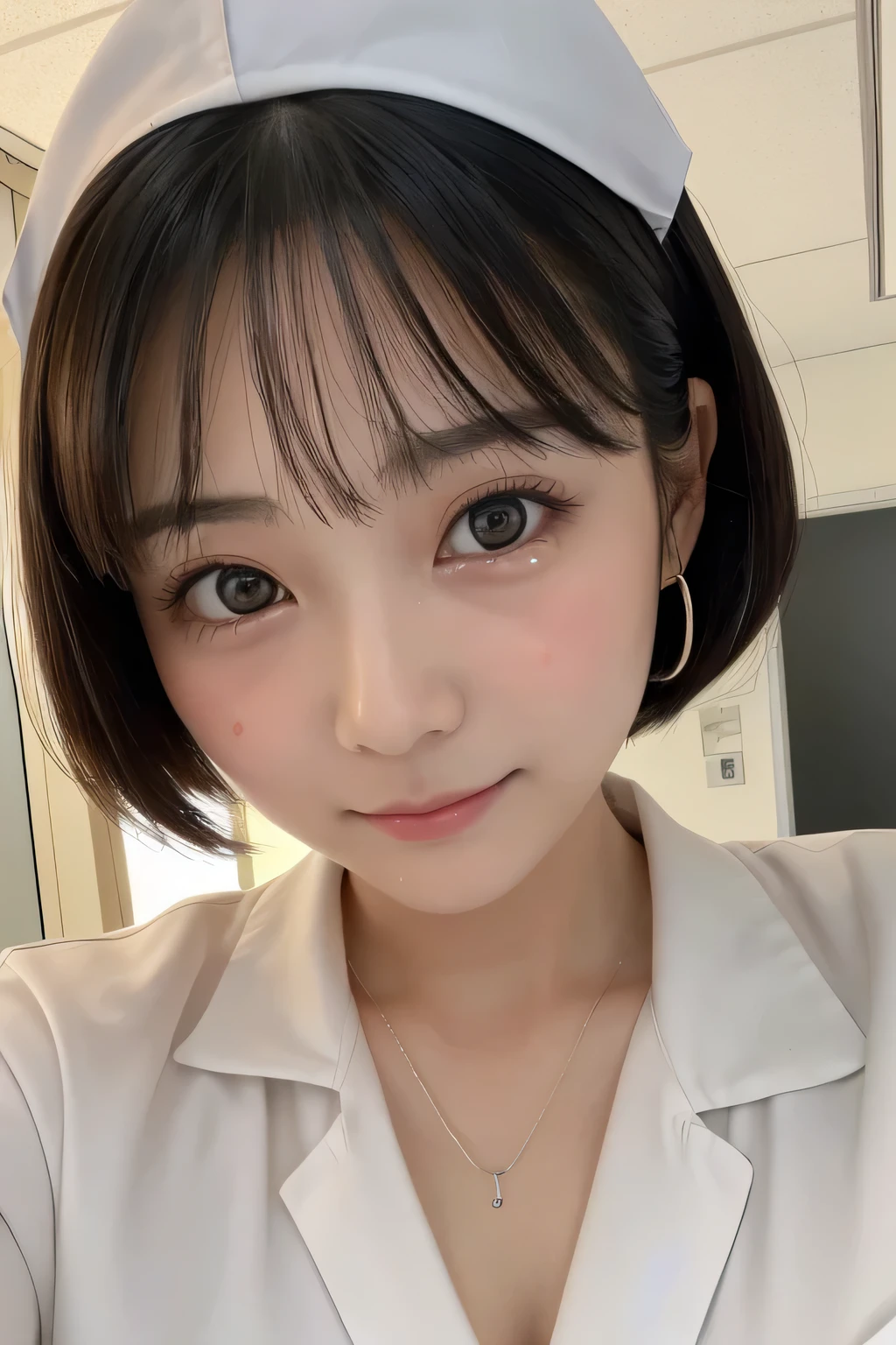 (1 Girl)、(Beautiful Japanese、18years old,round face、Refreshing、clear、seems kind、stylish、Pitiful、cute like an angel、cute、black eyes、,actress,Almond-shaped eyes), Good style , (Beautiful big breasts:1.2),(soft breasts),(very cute),(Black hair),(short bob hair),(enchanting eyes),(highlight on eyes:1.2)、(8K、Live shooting、highest quality、masterpiece:1.2、optimal lighting)、((masterpiece)),(Photo taken by a professional photographer),(real、photo real:1.4),break,{ (White nurse costume),(((taraditional nurse uniform))),(White nurse mini skirt),((White pantyhose)),(cleavage:1.2)},( Are crying:1.4),(tears),(cheeks are red:1.2), break, break,Hospital,Face shot:1.3、Hospital corridor、Looking Back at viewer:1.6, face close-up,Dynamic angle,