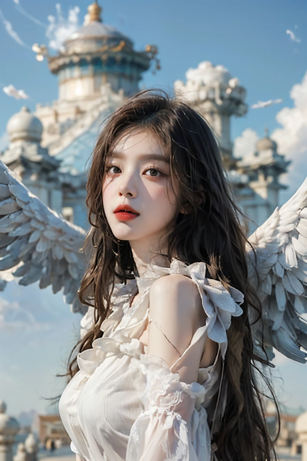 ((best quality)), ((masterpiece)), (detailed), perfect face, Masterpiece, 8K, (매우 detailed 얼굴 표현), angel girl flying in the sky, korean beauty, Detailed wing expression, Plump clouds, white clouds in the sky, temple of heaven, (Whole_body), (full body),