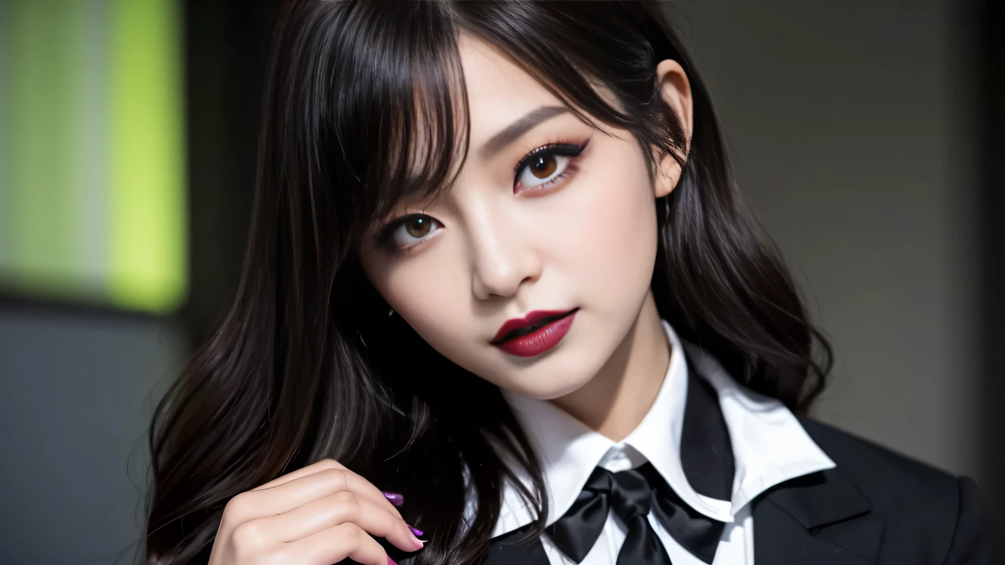 best quality、ultra-detailed、4k、Japanese、Seductive beauty、seductive adult woman、Pretty Woman、cool girl、Villainess、Brainwashed、brainwash、Fallen into evil、smirk、Evil look、Wicked Smile、evil、Brown hair、wavy hair、swept bangs、dark makeup、dark makeup、piercing eyes、hollow eyes,half-closed eyes、Hollow Eyes、purple Eyeshadow、black lipstick、black lipglos、student、uniform、Black blazer、White Shirt、Black Ribbon、flare skirt、night、inside darkroom、Have lipstick、Emblem of Evil、Crest of Darkness、Swear allegiance、I have pledged my allegiance、Dye black、Blackening、Stained with evil、Dyed in darkness、Seduce