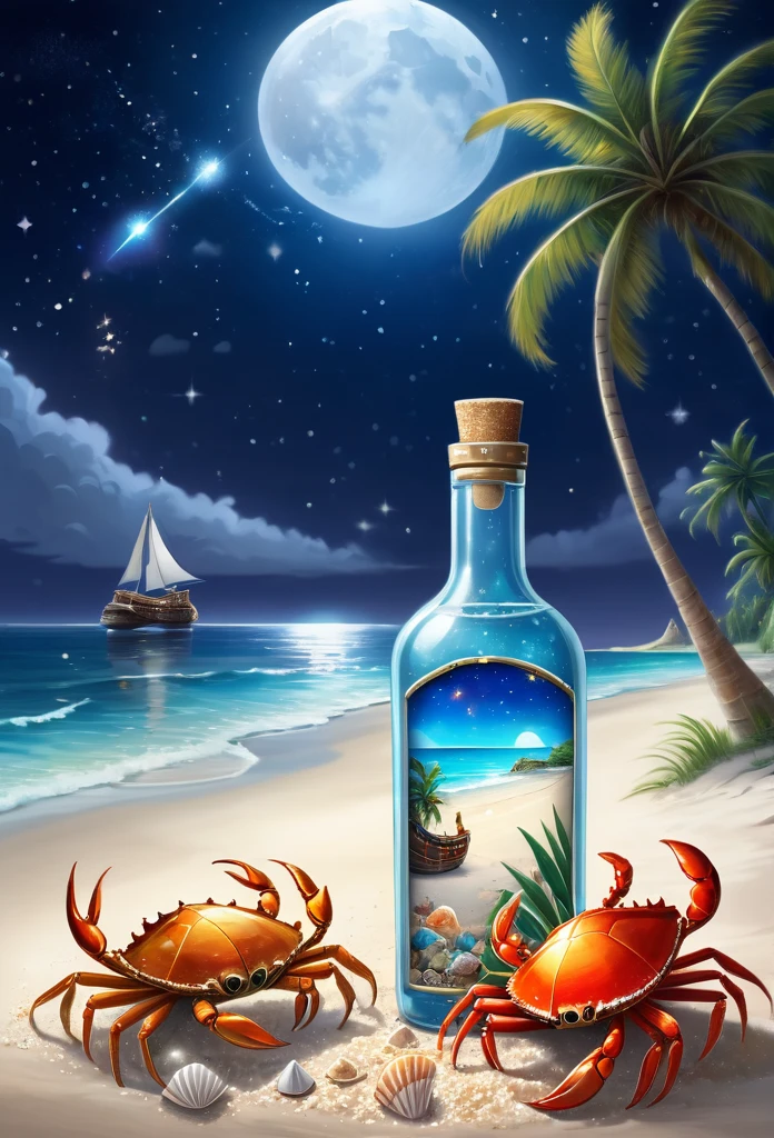 A beautiful female genie in a clear quartz bottle playing a mobile game on her phone, with the bottle on beach sand, a tropical beach landscape, a curious crab beside it, a palm tree in the background, some beach umbrellas in the distance, seashells around the bottle glowing in the moonlight, a constellation and a shooting star in the night sky, the bottle having an ancient inscription, and a shipwreck in the distant ocean, in the style of Don Lawrence's detailed and intricate oil on canvas brush stroke