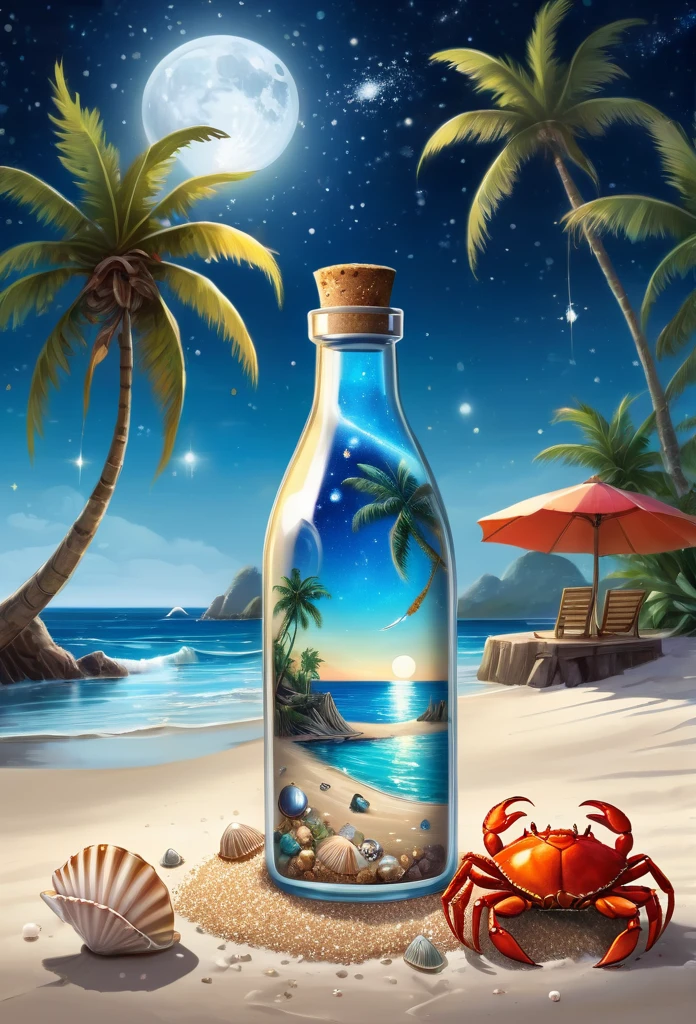 A beautiful female genie in a clear quartz bottle playing a mobile game on her phone, with the bottle on beach sand, a tropical beach landscape, a curious crab beside it, a palm tree in the background, some beach umbrellas in the distance, seashells around the bottle glowing in the moonlight, a constellation and a shooting star in the night sky, the bottle having an ancient inscription, and a shipwreck in the distant ocean, in the style of Don Lawrence's detailed and intricate oil on canvas brush stroke