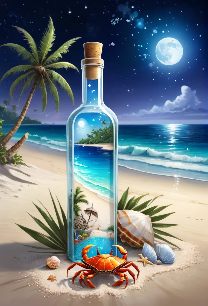 A beautiful female genie in a clear quartz bottle playing a mobile game on her phone, with the bottle on beach sand, a tropical beach landscape, a curious crab beside it, a palm tree in the background, some beach umbrellas in the distance, seashells around the bottle glowing in the moonlight, a constellation and a shooting star in the night sky, the bottle having an ancient inscription, and a shipwreck in the distant ocean, in the style of Don Lawrence's detailed and intricate oil on canvas brush stroke