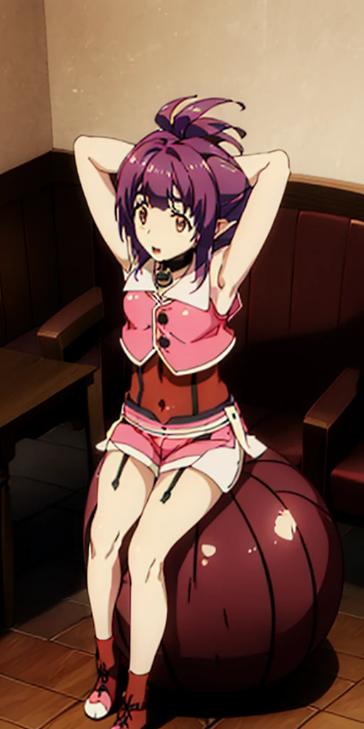 1girl, sitting on the Exercise ball, arms raised in the air, front view, cute