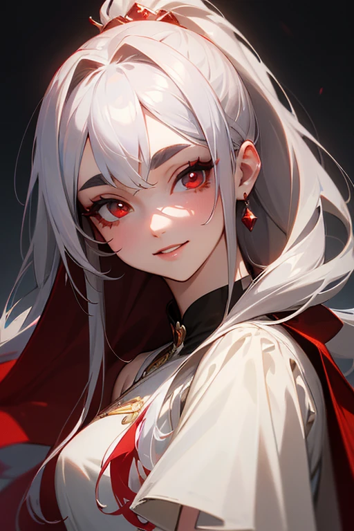 (highest quality, masterpiece:1.2), High resolution, 最高masterpiece、Very detailed, Realistic:1.37, Fantasy, An illustration,Gray Hair、 Red eyes、Queen, White Dress、Platinum decoration、beautifully、Eyeshadow Red、Thick eyebrows、Long eyelashes、pupils are black、shiny on the lips、Top Sites、Queen、Princess、ponytail、A kind smile、Show your teeth a little and smile、Soft impression、people々々Loved by、Slimming the face、Shoulder Bare、sexy、