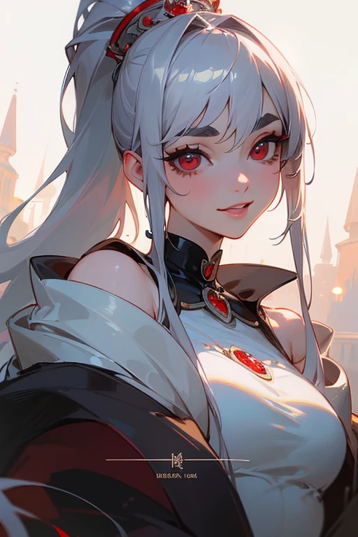 (highest quality, masterpiece:1.2), High resolution, 最高masterpiece、Very detailed, Realistic:1.37, Fantasy, An illustration,Gray Hair、 Red eyes、Queen, White Dress、Platinum decoration、beautifully、Eyeshadow Red、Thick eyebrows、Long eyelashes、pupils are black、shiny on the lips、Top Sites、Queen、Princess、ponytail、A kind smile、Show your teeth a little and smile、Soft impression、people々々Loved by、Slimming the face、Shoulder Bare、sexy、