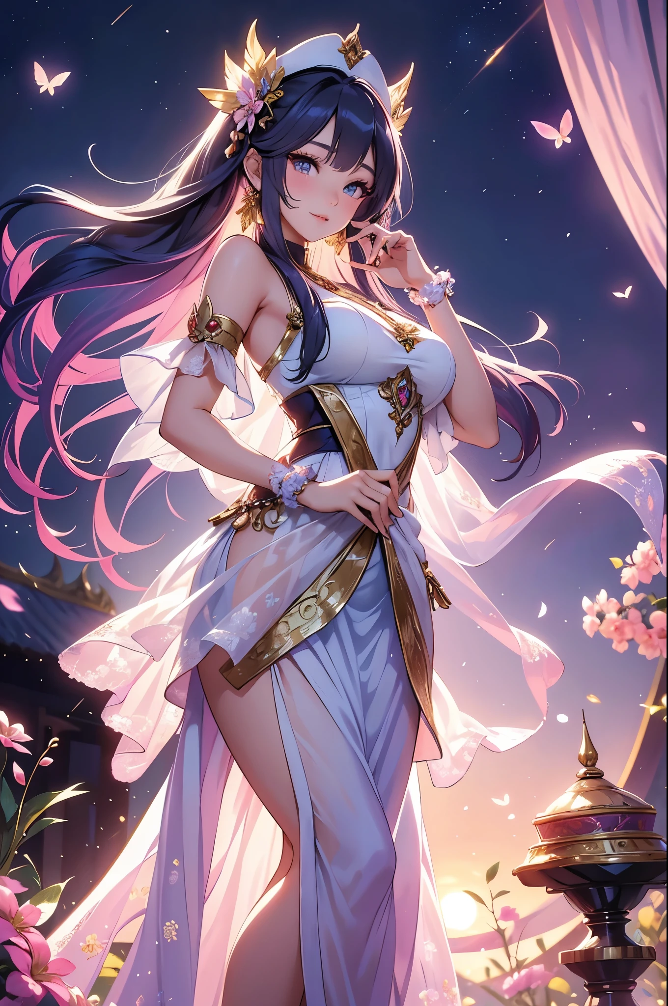 1girl, Solo, High Resolution,Very Long Hair, Pointy Ears, From Above, small breasts, purple eyes, dark blue hair,Smile, Light Blush, Ukiyo-e, long dress, white dress