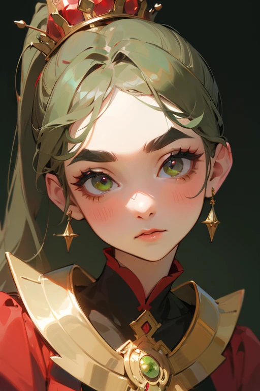 (highest quality, masterpiece:1.2), High resolution, Very detailed, Realistic:1.37, Fantasy, An illustration, Green Eyes、Queen, Red dress.Platinum decoration、beautifully、Eyeshadow Red、Thick eyebrows、Long eyelashes、pupils are black、Her hair is light green、Gold crown、Kissing Face、Embarrassing、people々々Loved by、ponytail、Shoulder Bare、Surprised face、