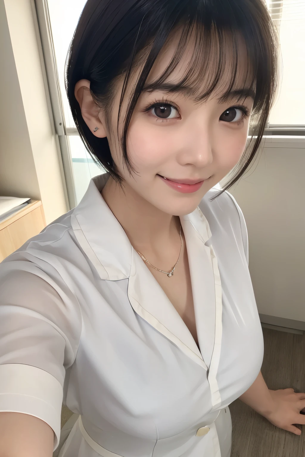 (1 Girl)、(Beautiful Japanese、18years old,round face、Refreshing、clear、seems kind、stylish、Pitiful、cute like an angel、cute、black eyes、,actress,Almond-shaped eyes), Good style , (Beautiful big breasts:1.2),(soft breasts),(very cute),(Black hair),(short bob hair),(enchanting eyes),(highlight on eyes:1.2)、(8K、Live shooting、highest quality、masterpiece:1.2、optimal lighting)、((masterpiece)),(Photo taken by a professional photographer),(real、photo real:1.4),break,{ (White nurse costume),(((taraditional nurse uniform))),(White nurse mini skirt),((White pantyhose)),(cleavage:1.2)},( Smile face:1.4),(tears:1.4))(cheeks are red:1.2), break, break,Hospital,Face shot:1.3、Hospital room、Looking at viewer:1.6, face close-up,Looking up