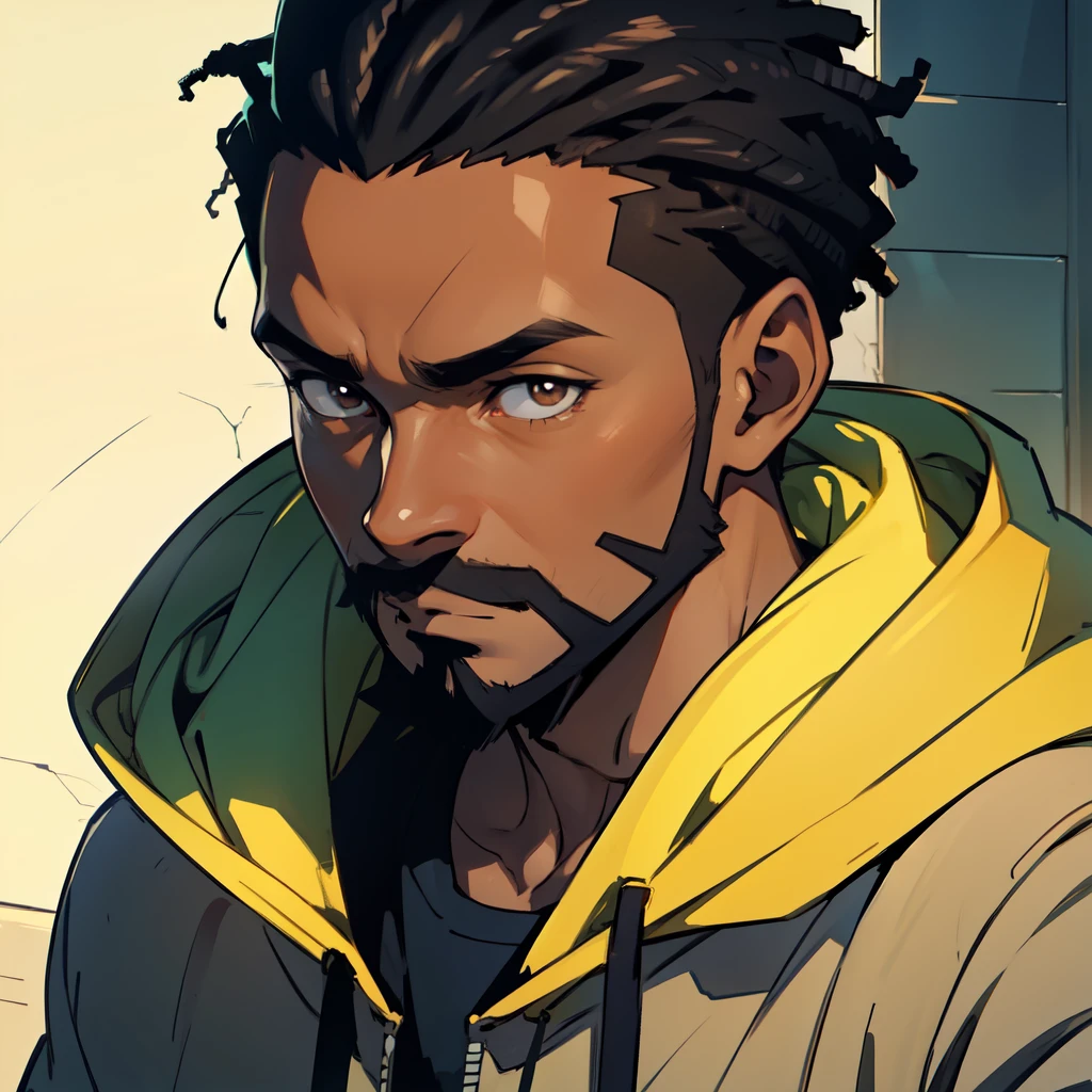 there is an African man in a hoodie looking up at the camera, brown eyes, black short hair, short beard, very very low quality picture, selfie, profile picture, looking defiantly at the camera, looking away from camera, showing forehead, hood and shadows covering face, 80's anime style