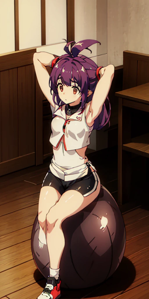1girl, sitting on the Exercise ball, arms raised in the air, front view, cute