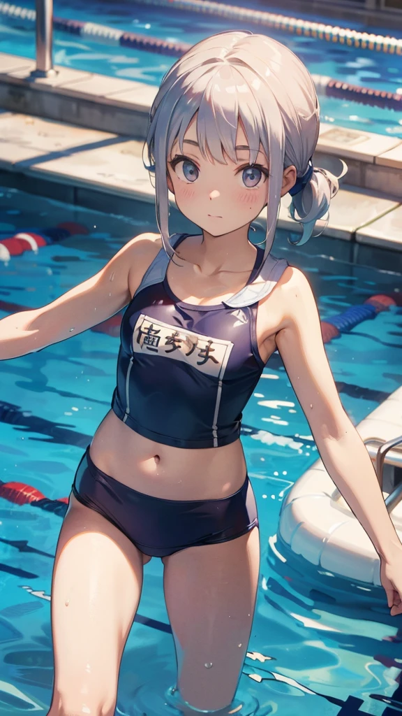 (NSFW)、highest quality、High resolution、Detailed Background、masterpiece、cute10代の美少女、Three Women、Metallic Navy School Swimsuit、Brown Hair、Bobcut、Braided Ponytail、それぞれcute編み込みヘアスタイル、(Huge breasts:1.2)、Realistic images、Perfect body line、Thick thighs、 (Three beautiful girls in metallic enamel silver school swimsuits at the school pool、Extreme close-up from below:1.5))、Swimsuit close up from below、look at me with cold eyes、Swimsuit that glows when wet、My whole body is wet、Hair is also wet、cute