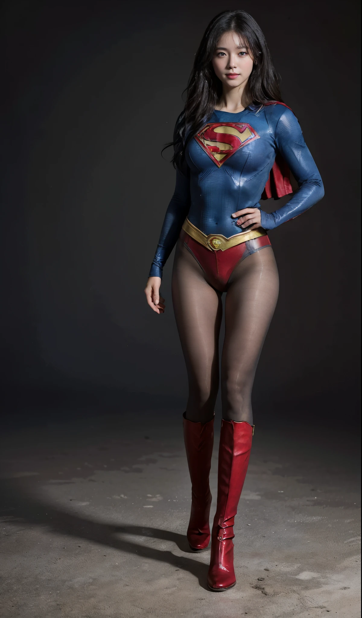 No background、(((Beautiful legs in black tights.)))、(((Legally express the beauty of your smile)))、((((Make the most of your original images)))、(((Supergirl Costume)))、(((Beautiful Hair)))、(((suffering)))、(((Please wear black tights....、Wear red boots)))、((Best image quality、8k))、((highest quality、8k、masterpiece:1.3))、(((Preserve background )))、Sharp focus:1.2、Beautiful woman with perfect figure:1.4、Slim Abs:1.2、Wet body:1.5、Highly detailed face and skin texture、8k