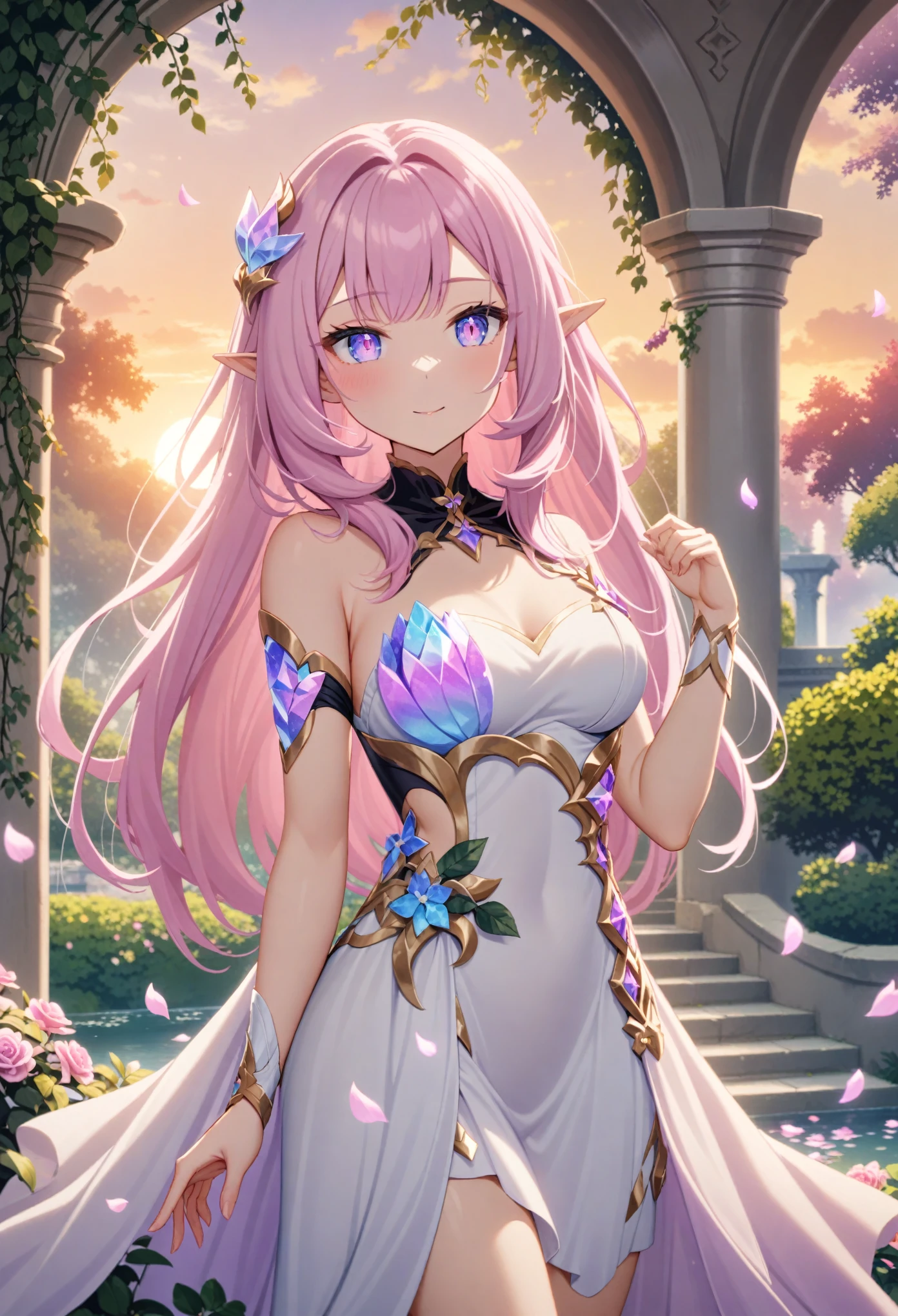 Masterpiece,very aesthetic,1girl,elysia,solo,wearing white sleeveless wrap gown,very long pink hair,light purple eyes,pointed ears
BREAK
Dreamy outdoor scene of a beautiful garden with trailing ivy and stairs and trees,royal garden background,beautiful intricate anime scenery,peaceful pond with floating light particles,((stunning sunrise backdrop)),gorgeous fantasy aesthetic,
BREAK
elysian realm,iridescent crystal roses,floating petals