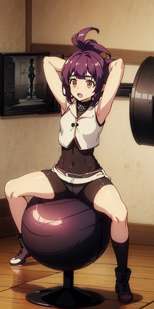 1girl, sitting on the Exercise ball, arms raised in the air, front view, cute