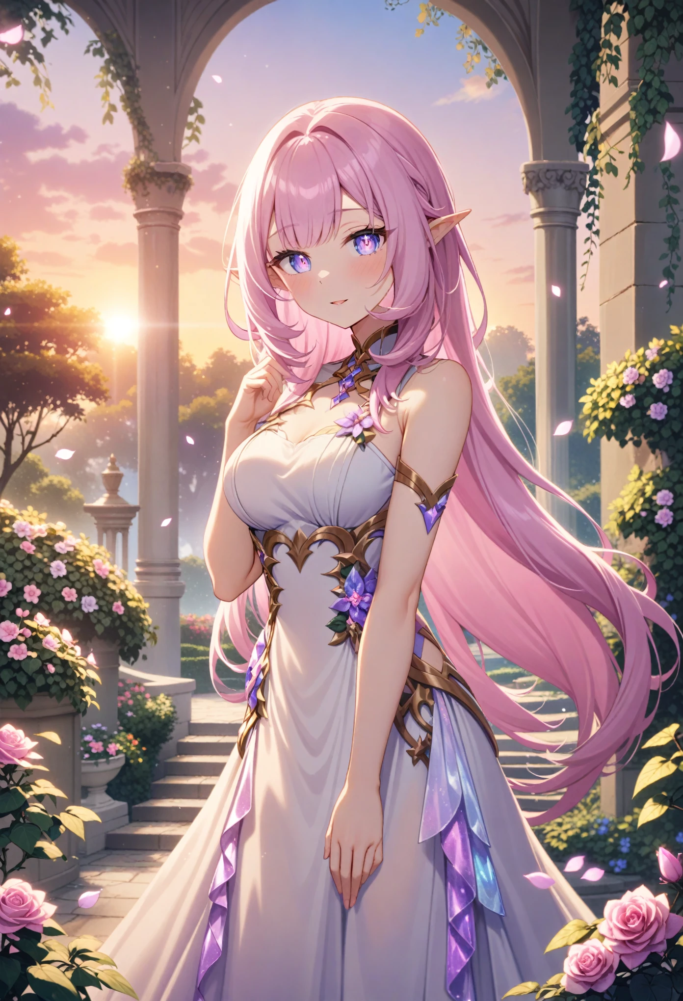 Masterpiece,very aesthetic,1girl,elysia,solo,wearing white sleeveless wrap gown,very long pink hair,light purple eyes,pointed ears 
BREAK 
Dreamy outdoor scene of a beautiful garden with trailing ivy and stairs and trees,royal garden background,beautiful intricate anime scenery,peaceful pond with floating light particles,((stunning sunrise backdrop)),gorgeous fantasy aesthetic, 
BREAK 
elysian realm,iridescent crystal roses,floating petals
