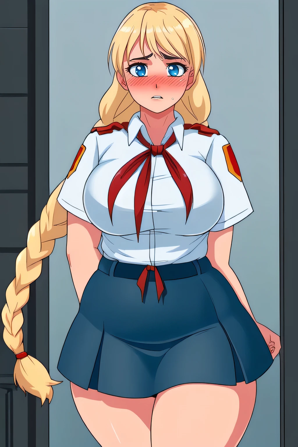 ((Masterpiece)), ((perfect quality)), ((anime)), ((UHD)), ((best quality)), ((high quality)), ((detailed)), Skavya, beautiful, very beautiful face, blonde hair, single braid, blue eyes, face : ((perfect face), (18 years old), (cute face), (ashamed), (blushed), (humiliated), (big eyes)), figure: (sexy, sexy curves, (very curvy), wide waist, chubby, chubby belly bottom, curvy, sexy, big breasts, very chubby belly, thunder thighs, (belly bulge)), clothes :( white buttoned shirt, tight blue skirt, red badge on shirt, red bow-tied neckerchief ), (skirt straining against her belly)