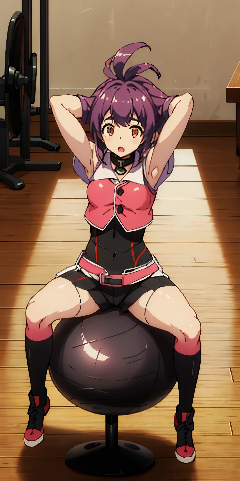 1girl, sitting on the Exercise ball, arms raised in the air, front view, cute