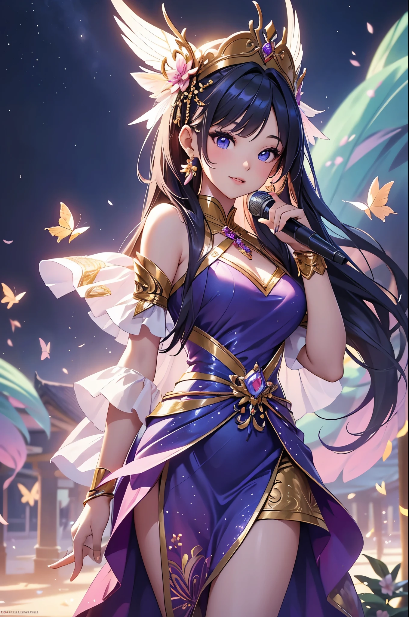 (best quality,4k,8k,highres,masterpiece:1.2),ultra-detailed,(realistic,photorealistic,photo-realistic:1.37),acrylic painting,beautiful Thai model in a Lolita dress with downy hair,beautiful Thai model with extremely colorful hair and detailed facial features,beautiful Thai model standing in a beautiful garden surrounded by a starry sky,beautiful Thai model wearing a vibrant Lolita dress,beautiful Thai model with intricate accessories and a matching hat,beautiful Thai model posing gracefully with her hands on her hips,beautiful Thai model with long flowing twintails,beautiful Thai model with bright blue eyes and rosy lips,beautiful Thai model with a joyful expression,beautiful Thai model in a dynamic pose with cherry blossoms falling around her,beautiful Thai model surrounded by colorful flowers and butterflies,beautiful Thai model's dress adorned with cute bows and lace details,beautiful Thai model with an enchanting smile,beautiful Thai model with soft, pastel-colored shading,beautiful Thai model with a magical glow illuminating her,beautiful Thai model in a picturesque setting with a winding path leading to a magnificent castle,beautiful Thai model holding a microphone and singing passionately,beautiful Thai model with a fairytale-like background,beautiful Thai model with a soft, dreamy atmosphere,beautiful Thai model with a subtle bokeh effect,beautiful Thai model standing under a moonlit sky,beautiful Thai model with a warm, golden sunset in the background,beautiful Thai model surrounded by twinkling stars and colorful nebulae,creating an ethereal and captivating artistic masterpiece.