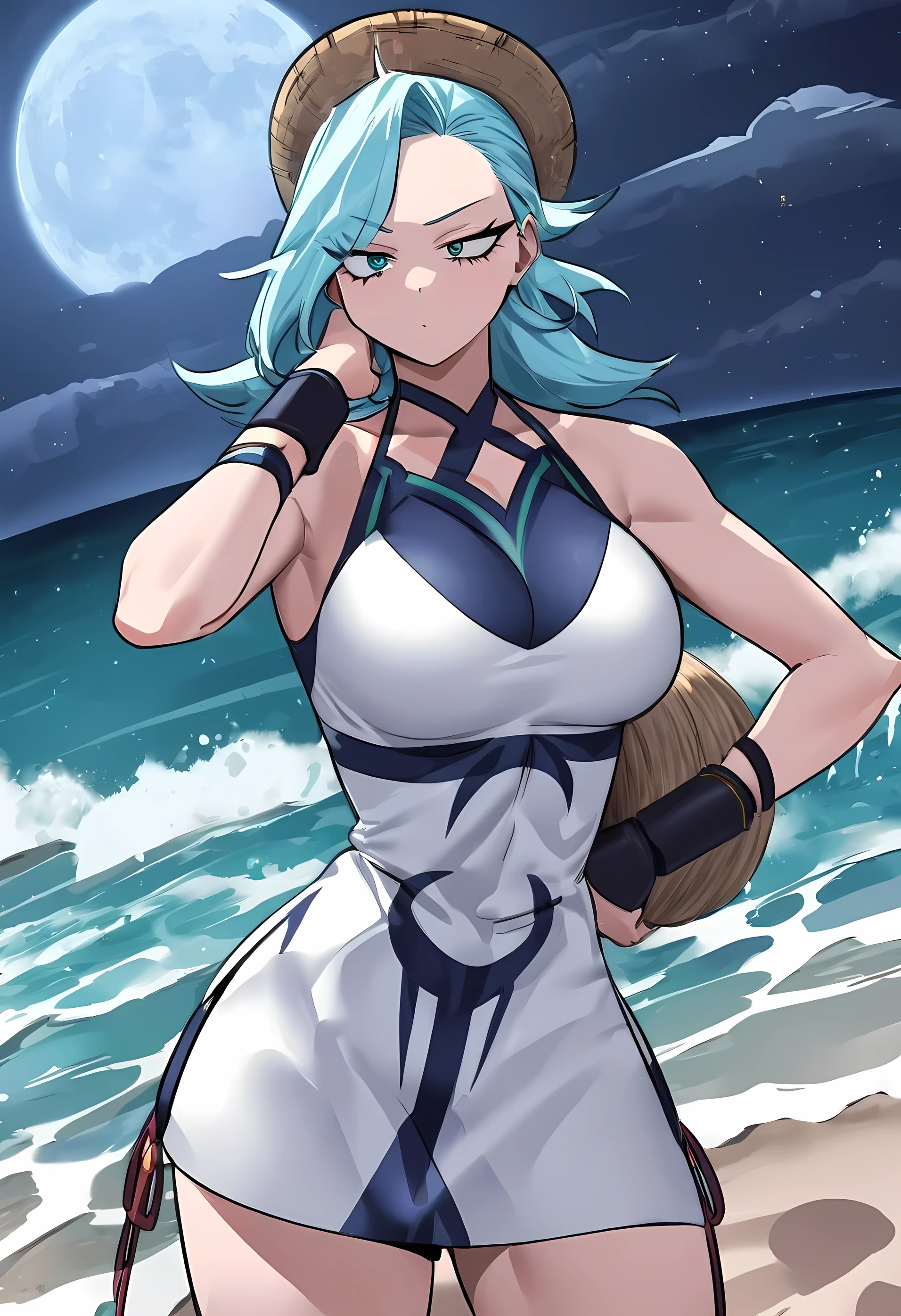  Obra maestra, mejor calidad crea un personaje femenino de Boku no hero academia, con cabello largo azul celeste, ojos color lilas, cabello en forma de agua, with serious expression, en la orilla de una playa, con su quirk de agua activada, noche luna, en una de sus manos hay una fuerte corriente de agua, y el la otra mano una fuerte corriente de hielo, pose dinamica, boku no hero animation, mujer hermosa, pechos grandes, fondo playa con arena, noche lunar arte oficial 