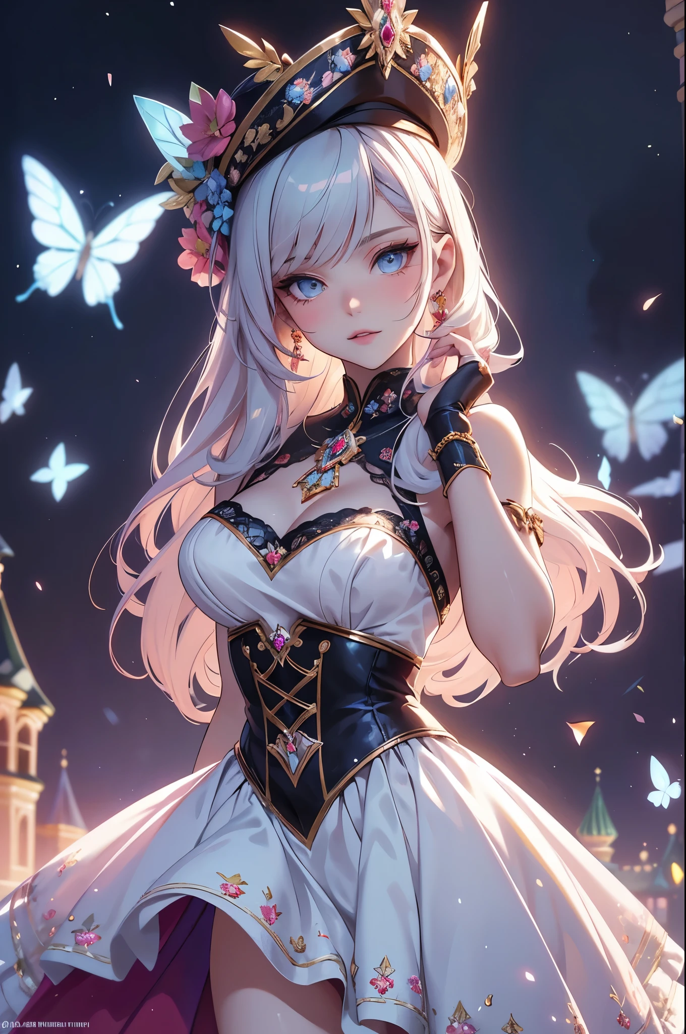 (best quality,4k,8k,highres,masterpiece:1.2),ultra-detailed,(realistic,photorealistic,photo-realistic:1.37),acrylic painting,beautiful Russian model in a Lolita dress with downy hair,beautiful Russian model with extremely colorful hair and detailed facial features,beautiful Russian model standing in a beautiful garden surrounded by a starry sky,beautiful Russian model wearing a vibrant Lolita dress,beautiful Russian model with intricate accessories and a matching hat,beautiful Russian model posing gracefully with her hands on her hips,beautiful Russian model with long flowing twintails,beautiful Russian model with bright blue eyes and rosy lips,beautiful Russian model with a joyful expression,beautiful Russian model in a dynamic pose with cherry blossoms falling around her,beautiful Russian model surrounded by colorful flowers and butterflies,beautiful Russian model's dress adorned with cute bows and lace details,beautiful Russian model with an enchanting smile,beautiful Russian model with soft, pastel-colored shading,beautiful Russian model with a magical glow illuminating her,beautiful Russian model in a picturesque setting with a winding path leading to a magnificent castle,beautiful Russian model holding a microphone and singing passionately,beautiful Russian model with a fairytale-like background,beautiful Russian model with a soft, dreamy atmosphere,beautiful Russian model with a subtle bokeh effect,beautiful Russian model standing under a moonlit sky,beautiful Russian model with a warm, golden sunset in the background,beautiful Russian model surrounded by twinkling stars and colorful nebulae,creating an ethereal and captivating artistic masterpiece.