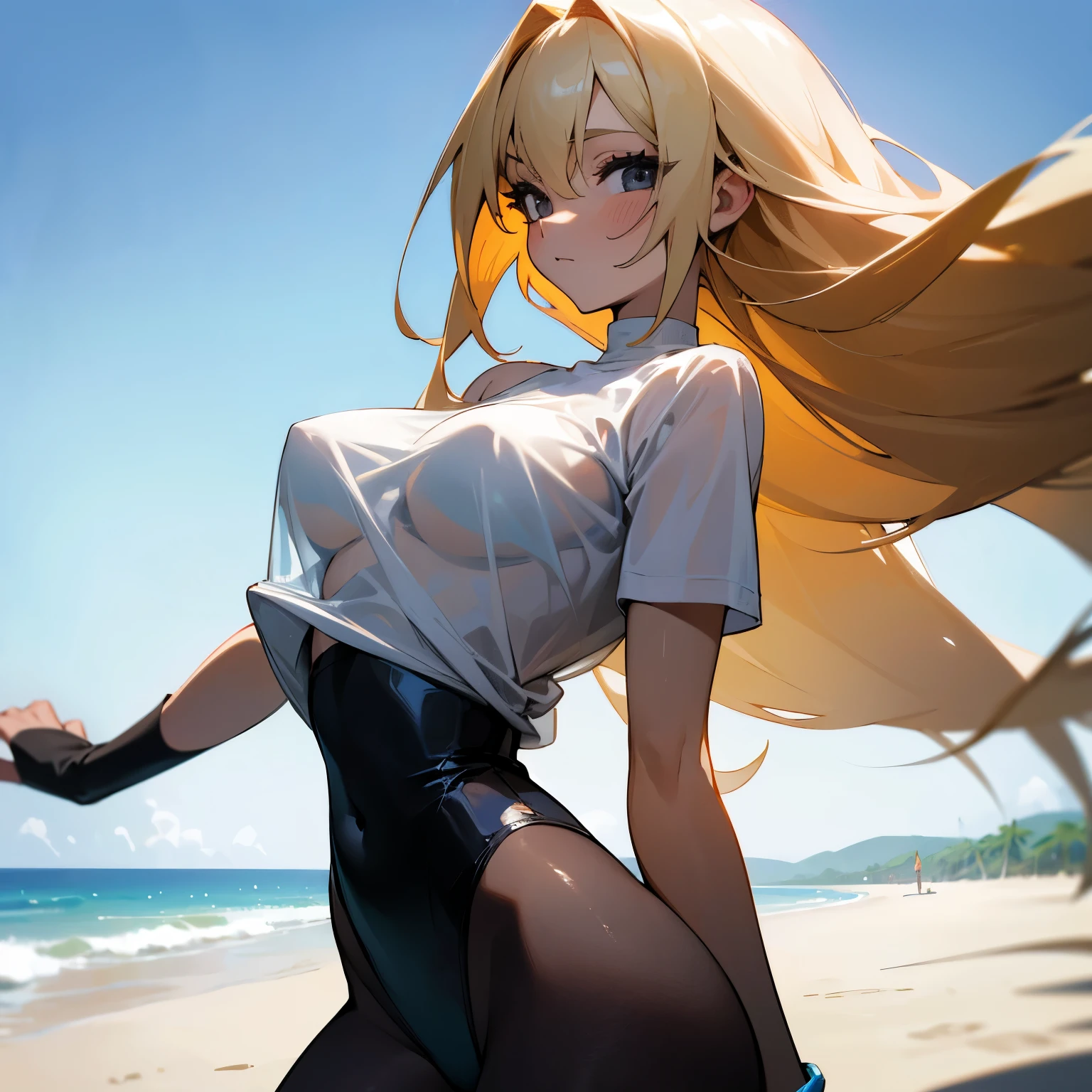 1girl, long blonde hair, black eyes, big breasts, big thighs, small waist, wearing see through plain white t-shirt, black bikini bottom, back turned, beach, absurdres, high res, ultrasharp, 8K, masterpiece, looking at viewer