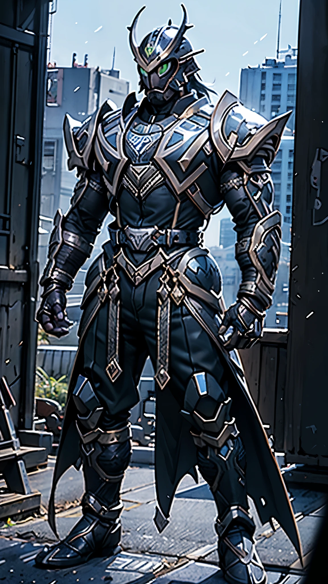 A man wearing a full-face helmet, a fantasy-style biomecha armored combat suit, green eyes, a composite layered chest armor, fully enclosed shoulder guards, matching arm and leg guards, the belt is adorned with dragon claw grasping orbs, primarily black with red accents, the design balances heavy with agility, a high-tech biological armor, concept inspired by dragons, stands on the skyscraper of a futuristic high-tech city, this character embodies a finely crafted fantasy-surreal style armored hero in anime style, exquisite and mature manga art style, ((male:1.5)), metallic, real texture material, dramatic, high definition, best quality, highres, ultra-detailed, ultra-fine painting, extremely delicate, professional, perfect body proportions, golden ratio, anatomically correct, symmetrical face, extremely detailed eyes and face, high quality eyes, creativity, RAW photo, UHD, 32k, Natural light, cinematic lighting, masterpiece-anatomy-perfect, masterpiece:1.5