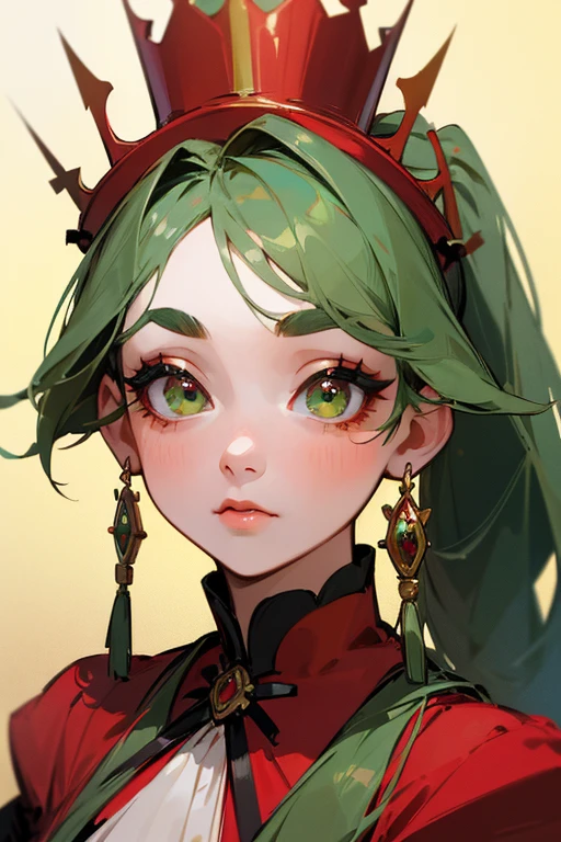 (highest quality, masterpiece:1.2), High resolution, Very detailed, Realistic:1.37, Fantasy, An illustration, Green Eyes、Queen, Red dress.Platinum decoration、beautifully、Eyeshadow Red、Thick eyebrows、Long eyelashes、pupils are black、Her hair is light green、Gold crown、Kissing Face、Embarrassing、people々々Loved by、ponytail、Shoulder Bare、Surprised face、