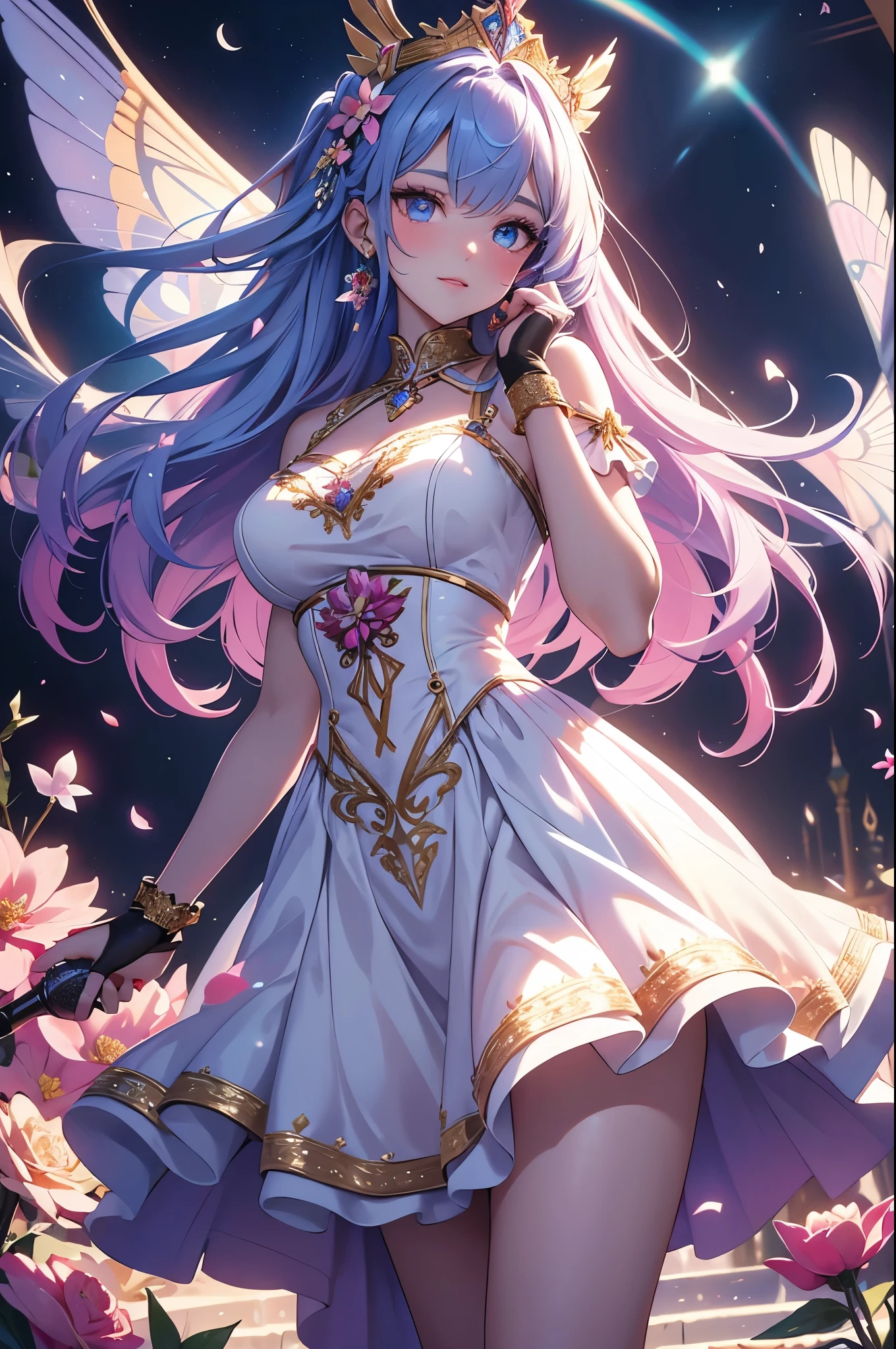 (masterpiece, best quality:1.3),beautiful detailed glow,best illuminate,(((best quality,textile shading,ultra detailed))),extremely detailed CG unity 8k wallpaper,Highly Detailed beautiful and aesthetic,best light,high resolution,detailed,dynamic lighting , 1Character , pastel washed out colors , cell shade , soft, muted shades ,gentle colors ,
She wears a pastel lavender, off-shoulder blouse with a delicate ruffled neckline, The blouse is adorned with tiny, iridescent sequins that shimmer, a flowing, pastel pink skirt with layers of sheer fabric, The skirt is adorned with pastel blue and silver star-shaped embroidery, with a pastel blue ribbon choker featuring a crescent moon pendant,
Stunning woman , very long hair , purple hair , bright blue eyes , long eye lashes, eye liner , full
Lips , light skin , wavy hair , 6,