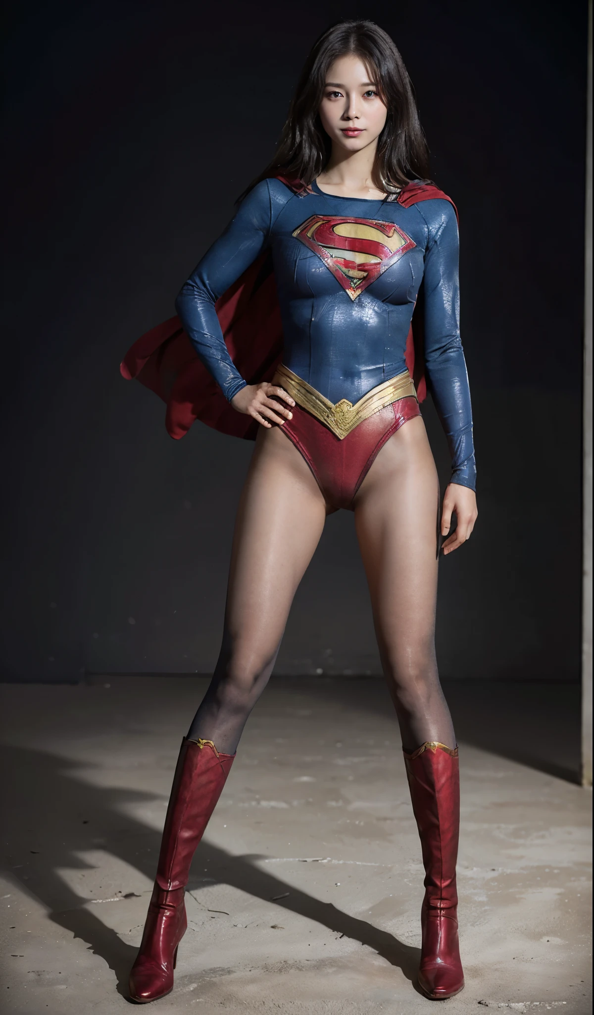 No background、(((Beautiful legs in black tights.)))、(((Legally express the beauty of your smile)))、((((Make the most of your original images)))、(((Supergirl Costume)))、(((Beautiful Hair)))、(((suffering)))、(((Please wear black tights....、Wear red boots)))、((Best image quality、8k))、((highest quality、8k、masterpiece:1.3))、(((Preserve background )))、Sharp focus:1.2、Beautiful woman with perfect figure:1.4、Slim Abs:1.2、Wet body:1.5、Highly detailed face and skin texture、8k