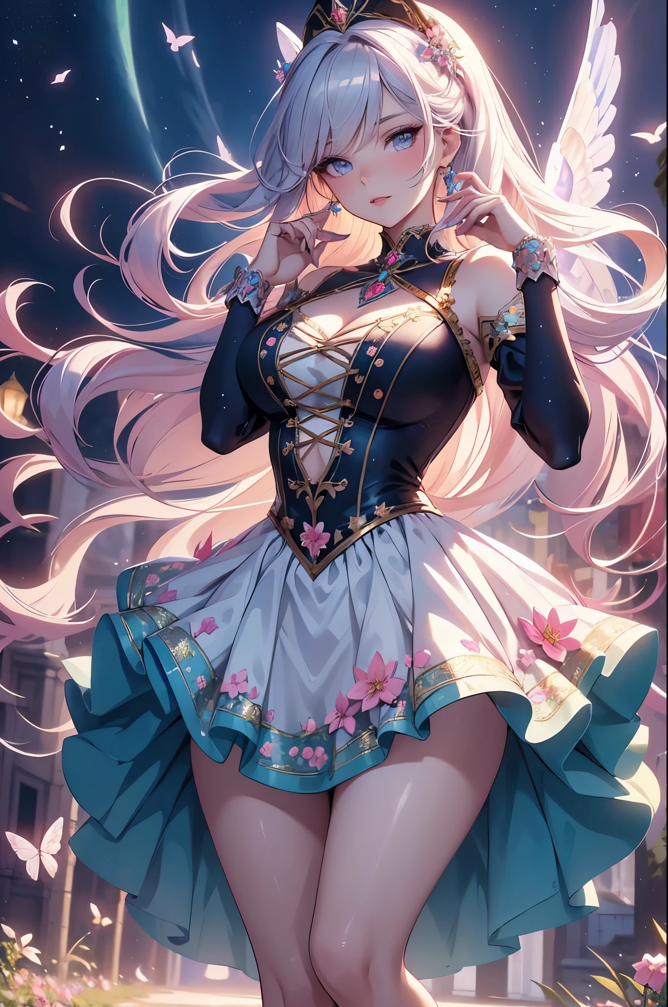 (best quality,4k,8k,highres,masterpiece:1.2),ultra-detailed,(realistic,photorealistic,photo-realistic:1.37),acrylic painting,beautiful Russian model in a Lolita dress with downy hair,beautiful Russian model with extremely colorful hair and detailed facial features,beautiful Russian model standing in a beautiful garden surrounded by a starry sky,beautiful Russian model wearing a vibrant Lolita dress,beautiful Russian model with intricate accessories and a matching hat,beautiful Russian model posing gracefully with her hands on her hips,beautiful Russian model with long flowing twintails,beautiful Russian model with bright blue eyes and rosy lips,beautiful Russian model with a joyful expression,beautiful Russian model in a dynamic pose with cherry blossoms falling around her,beautiful Russian model surrounded by colorful flowers and butterflies,beautiful Russian model's dress adorned with cute bows and lace details,beautiful Russian model with an enchanting smile,beautiful Russian model with soft, pastel-colored shading,beautiful Russian model with a magical glow illuminating her,beautiful Russian model in a picturesque setting with a winding path leading to a magnificent castle,beautiful Russian model holding a microphone and singing passionately,beautiful Russian model with a fairytale-like background,beautiful Russian model with a soft, dreamy atmosphere,beautiful Russian model with a subtle bokeh effect,beautiful Russian model standing under a moonlit sky,beautiful Russian model with a warm, golden sunset in the background,beautiful Russian model surrounded by twinkling stars and colorful nebulae,creating an ethereal and captivating artistic masterpiece.