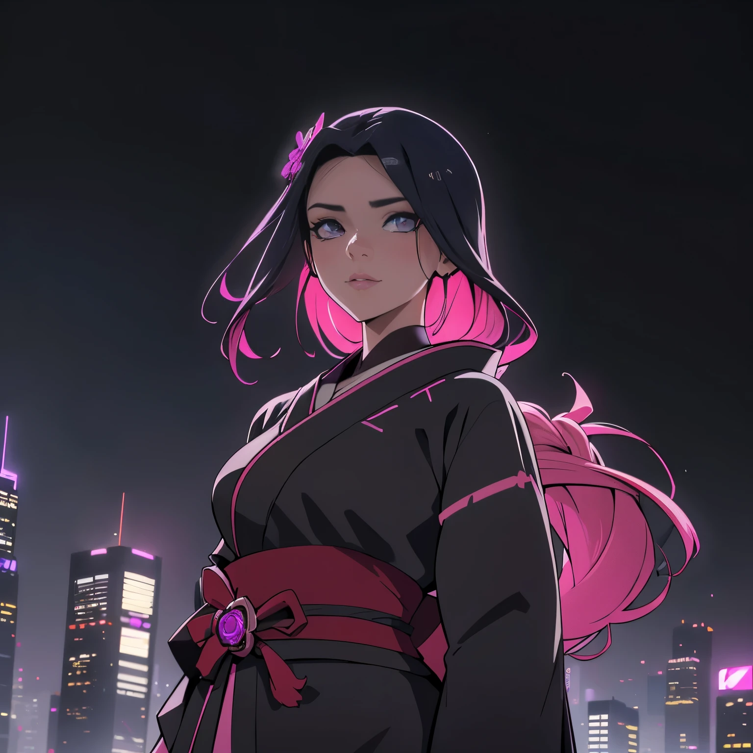 anime, (obra de arte, melhor qualidade, ultra-detalhado, alto contraste), 1 mulher (Sozinho, corpo todo, corpo plus size, standing on the edge of the skyscraper, cabelo prateado, CABELO LONGO E FLUXO, olhos vermelhos brilhantes de rubi, (Kimono preto, black cybernetics with neon pink), meias pretas transparentes), (skyscraper roof, com vista para uma cidade, fundo detalhado ((night time, Darkness, low light pollution)))