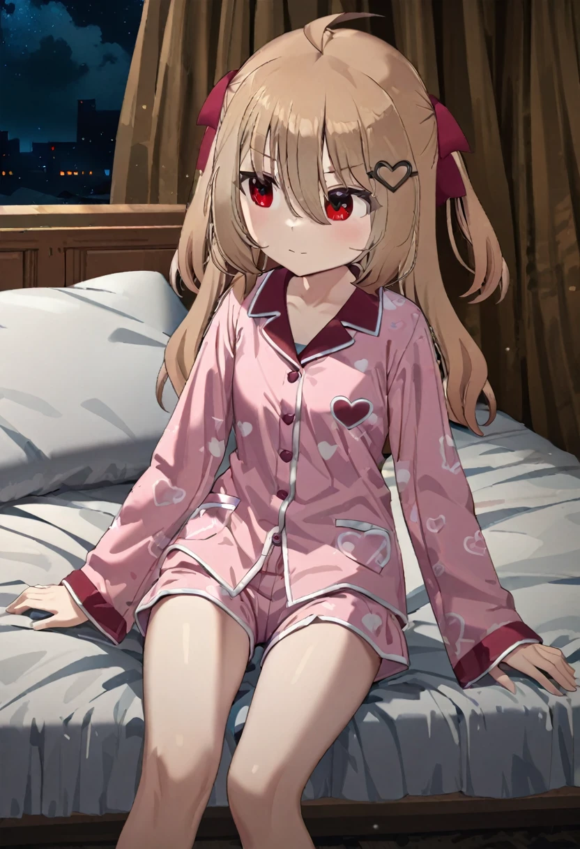 1girl, evil neuro-sama, (yuzu modoki), red eyes, light brown hair, ahoge, two side up, hair ribbon, dark red ribbon, heart hair ornament, (masterpiece, best quality), highly detailed, finely detailed, night, indoors, bed, pajamas, curtains, pillow, bare legs,