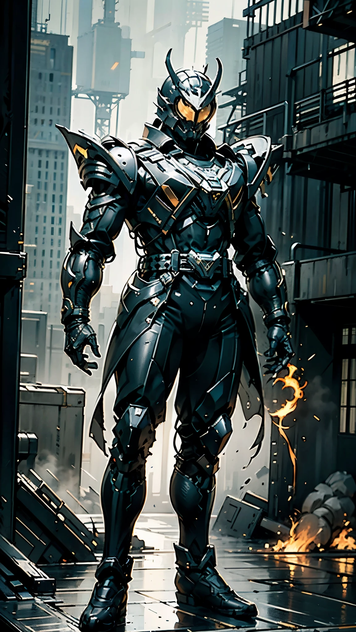 A man wearing a full-face helmet, a fantasy-style biomecha armored combat suit, green eyes, a composite layered chest armor, fully enclosed shoulder guards, matching arm and leg guards, the belt is adorned with dragon claw grasping orbs, primarily black with red accents, the design balances heavy with agility, a high-tech biological armor, concept inspired by dragons, stands on the skyscraper of a futuristic high-tech city, this character embodies a finely crafted fantasy-surreal style armored hero in anime style, exquisite and mature manga art style, ((male:1.5)), metallic, real texture material, dramatic, high definition, best quality, highres, ultra-detailed, ultra-fine painting, extremely delicate, professional, perfect body proportions, golden ratio, anatomically correct, symmetrical face, extremely detailed eyes and face, high quality eyes, creativity, RAW photo, UHD, 32k, Natural light, cinematic lighting, masterpiece-anatomy-perfect, masterpiece:1.5