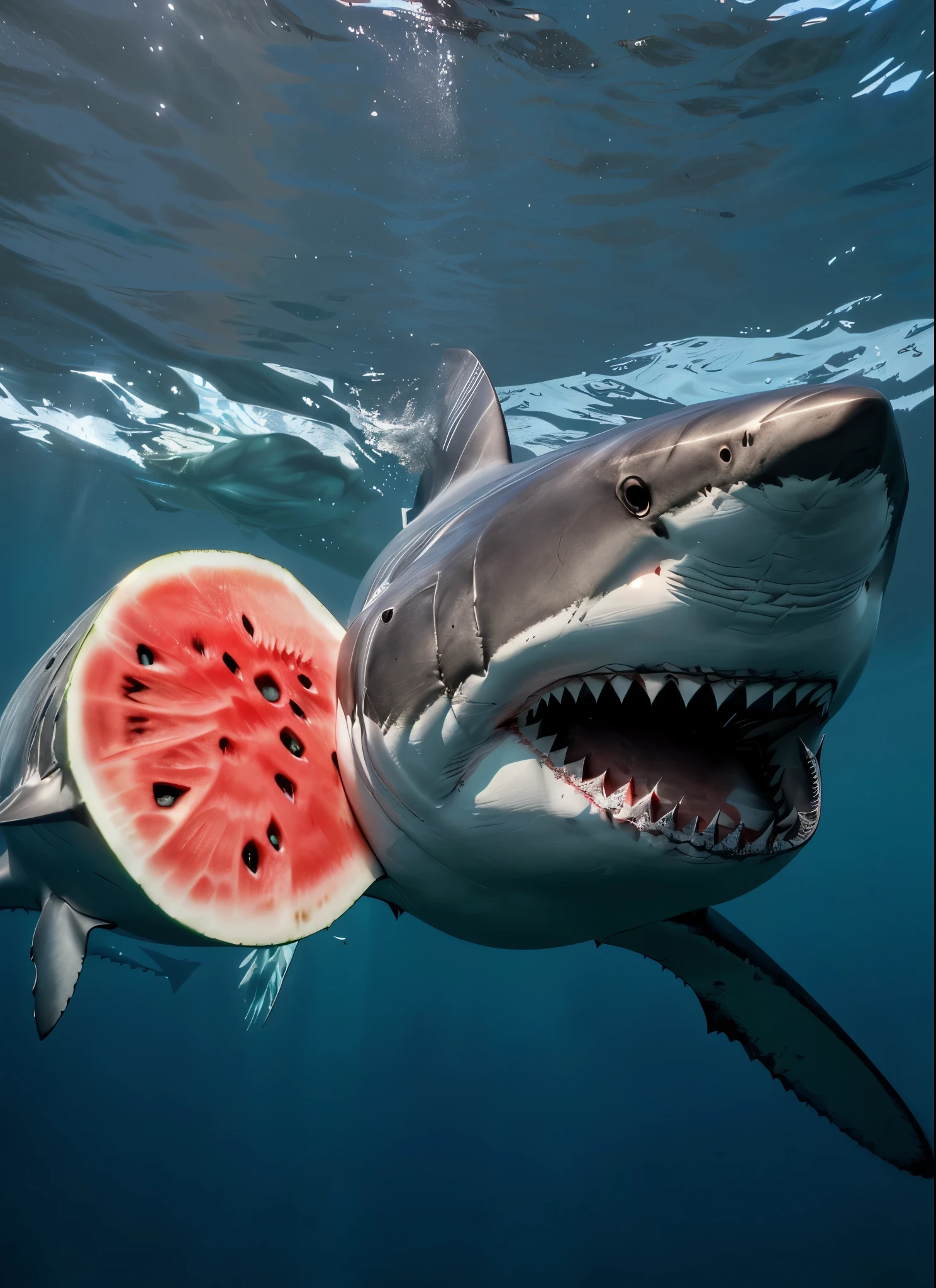 there is a shark eating a watermelon in the ocean, by Juergen von Huendeberg, by Robert Jacobsen, bryan skerry, great white shark, shark, by Emanuel Witz, national geographic photo”, megalodon, shutterstock, by Matthias Weischer, by Adam Marczyński, sharks, by Greg Rutkowski, by greg rutkowski