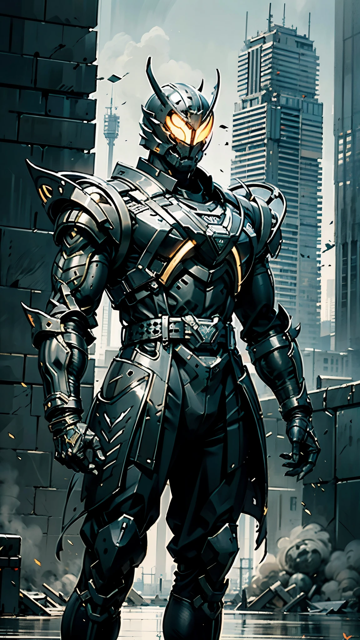 A man wearing a full-face helmet, a fantasy-style biomecha armored combat suit, green eyes, a composite layered chest armor, fully enclosed shoulder guards, matching arm and leg guards, the belt is adorned with dragon claw grasping orbs, primarily black with red accents, the design balances heavy with agility, a high-tech biological armor, concept inspired by dragons, stands on the skyscraper of a futuristic high-tech city, this character embodies a finely crafted fantasy-surreal style armored hero in anime style, exquisite and mature manga art style, ((male:1.5)), metallic, real texture material, dramatic, high definition, best quality, highres, ultra-detailed, ultra-fine painting, extremely delicate, professional, perfect body proportions, golden ratio, anatomically correct, symmetrical face, extremely detailed eyes and face, high quality eyes, creativity, RAW photo, UHD, 32k, Natural light, cinematic lighting, masterpiece-anatomy-perfect, masterpiece:1.5