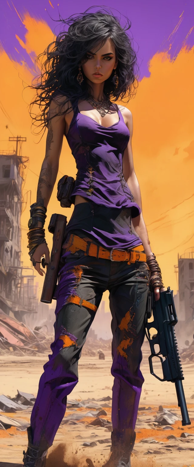 dark and torn, ung beautiful muscular body, fierce expression, holding a gun, (colors on her clothes, warm, orange, yellow, violet:1.3), standing on a desolate wasteland, dramatic lighting, intense shadows, sandy texture, tall contrast, vibrant colors, dynamic pose, powerful stance, rugged background, explosive atmosphere, dystopian theme, surreal elements, digitally painted illustration, HD resolution, intricate details, dramatic composition, avant-garde and chaotic brush strokes, gothic style, intense emotions, epic scale, raw and gritty feel, captivating and provocative artwork.