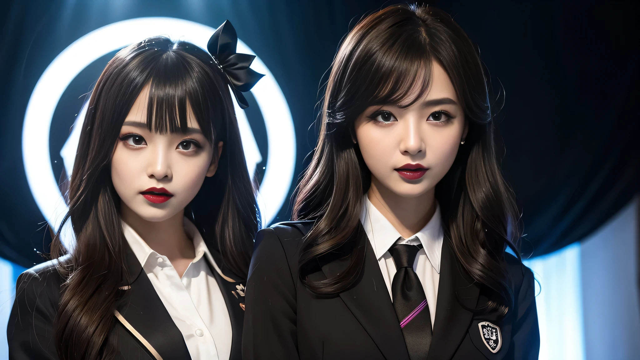 best quality、ultra-detailed、4k、Japanese、Seductive beauty、seductive adult woman、Pretty Woman、cool girl、Villainess、Brainwashed、brainwash、Fallen into evil、smirk、Evil look、Wicked Smile、evil、Brown hair、wavy hair、swept bangs、dark makeup、dark makeup、piercing eyes、hollow eyes,half-closed eyes、Hollow Eyes、purple Eyeshadow、black lipstick、black lipglos、student、uniform、Black blazer、White Shirt、Black Ribbon、flare skirt、night、inside darkroom、Have lipstick、Emblem of Evil、Crest of Darkness、Swear allegiance、I have pledged my allegiance、Dye black、Blackening、Stained with evil、Dyed in darkness、Seduce