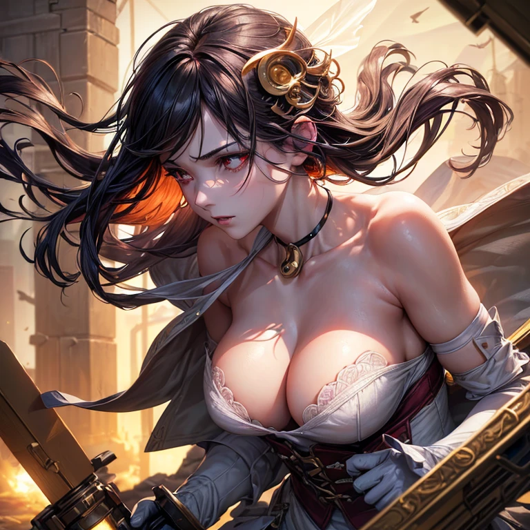 1 girl,((Ruined City)),((Red eyes)),BREAK,((白複雑なmechanicalボディスーツ)),headgear,(),(mechanical,White thighhighs),(cleavaganical,elbow gloves),(mechanical,garter straps),(android),((gatling gun,Have)),(((dynamic angle))),((upper body)),(Expressionless),(wind:1.8),((fighting)),((walk)),(diffraction of light:1.2),(tyndall effect:1.2),(pale red lip:1.2),(fuller lips:1.3),(beeline:1.6),(sense of depth:1.6),(highest quality:1.6),(32K:1.6),(HDR1.6),(Ultra-high resolution:1.6),(RAW:1.6),(Realism:1.6),(masterpiece:1.6),(Intricate details:1.5),(Delicate and beautiful details:1.5),(Detailed eyes:1.1),(Detailed facial features:1.2),(glossy lips:1.3),(madeon:1.6),(perfect anatomy:1.6),(best illuminate:1.5),(cinematic shadows:1.5),(absolutely resolution:1.6),(incredibly absurdres:1.6),(highres:1.6),(refraction:1.3),(ultra detailed:1.6),