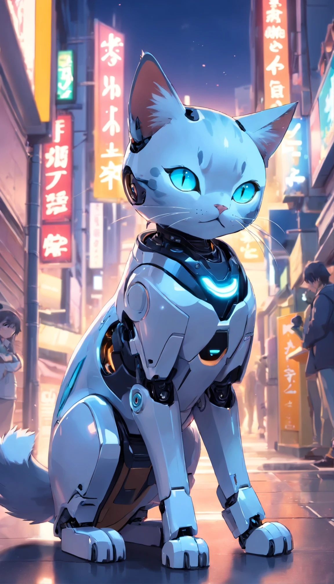(((robotic cat))), (estilo de brinquedo da caixa cega:1.2), (tiro de corpo inteiro) , 1 Menino Transparente,Behind him is a cute transparent robot cat, Mech transparente, Capacete requintado:1.2, Glasses:1.2, Cyberpunk, brilho sonhador, luminous neon lights, limpo, fundo branco, ( global ilumination, Traching de raias, HDR, unreal render,Reasonable design, alto detalhe, master part, best quality, hiper HD, Cinematic lighting), ((robot cat)), Robotic head.